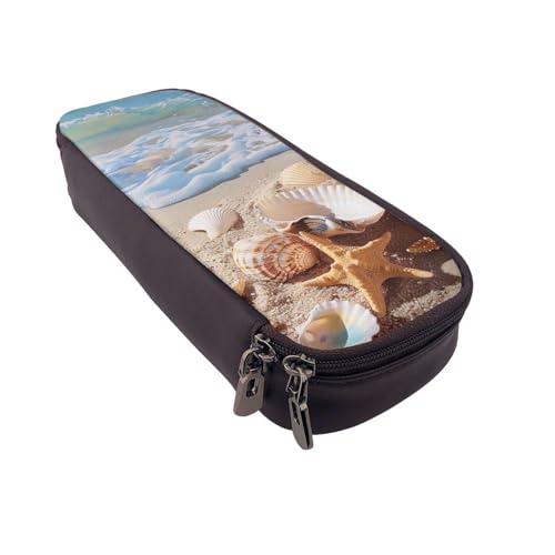 AQRJLPO Federmäppchen aus Leder mit Muscheln am Strand und Kosmetik-Organizer-Tasche mit Reißverschluss, wasserdicht, für Schulbedarf, Reise-Make-up-Tasche, Schreibwaren-Geschenk für Studenten, Frauen von AQRJLPO