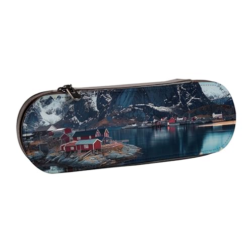 AQRJLPO Federmäppchen aus Leder mit Norwegen-Inseln, vielseitig verwendbar, Reise-Kosmetiktasche, Reißverschluss, Schreibtisch-Aufbewahrungsbox, kompaktes Geschenk für Schule, Büro, Reisen, Schwarz von AQRJLPO