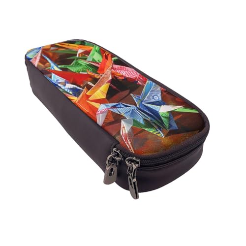 AQRJLPO Federmäppchen aus Leder mit Origami-Papierkranichdruck, Kosmetik-Organizer-Tasche mit Reißverschluss, wasserdicht, für Schulbedarf, Reise-Make-up-Tasche, Schreibwaren-Geschenk für Studenten von AQRJLPO