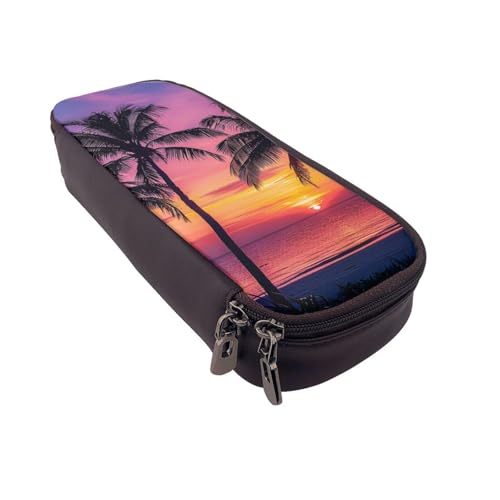 AQRJLPO Federmäppchen aus Leder mit Palmen-Silhouette bei Sonnenuntergang und Kosmetik-Organizer-Tasche mit Reißverschluss, wasserdicht, Schulbedarf, Reise-Make-up-Tasche, Schreibwaren-Geschenk für von AQRJLPO