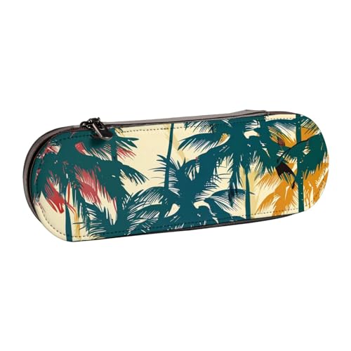 AQRJLPO Federmäppchen aus Leder mit Palmenmuster, vielseitig verwendbar, Reise-Kosmetiktasche, Reißverschluss, Schreibtisch-Aufbewahrungsbox, kompaktes Geschenk für Schule, Büro, Reisen, Schwarz von AQRJLPO