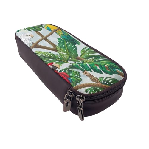 AQRJLPO Federmäppchen aus Leder mit Papageienvögeln und tropischen Baum-Aufdrucken, Kosmetik-Organizer-Tasche mit Reißverschluss, wasserdicht, Schulbedarf, Reise-Make-up-Tasche, Schreibwaren-Geschenk von AQRJLPO
