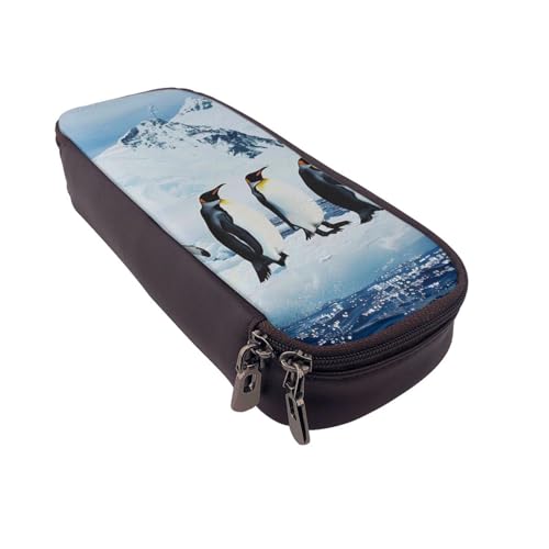 AQRJLPO Federmäppchen aus Leder mit Pinguine auf dem Eisberg und Kosmetik-Organizer-Tasche mit Reißverschluss, wasserdicht, für Schulbedarf, Reise-Make-up-Tasche, Schreibwaren-Geschenk für Studenten von AQRJLPO