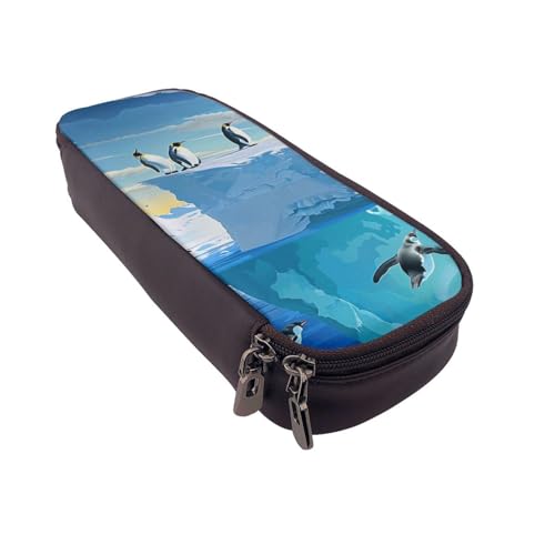 AQRJLPO Federmäppchen aus Leder mit Pinguine auf dem Eisberg und Kosmetik-Organizer-Tasche mit Reißverschluss, wasserdicht, für Schulbedarf, Reise-Make-up-Tasche, Schreibwaren-Geschenk für Studenten von AQRJLPO