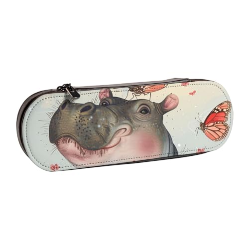AQRJLPO Federmäppchen aus Leder mit Schmetterlings- und Nilpferddruck, vielseitig verwendbar, Reise-Kosmetiktasche, Reißverschluss, Schreibtisch-Aufbewahrungsbox, kompaktes Geschenk für Schule, Büro von AQRJLPO