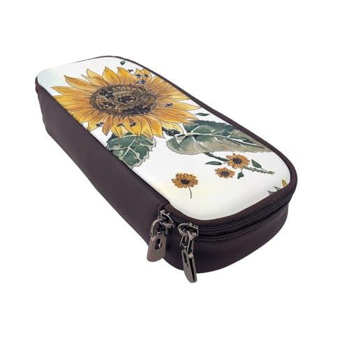 AQRJLPO Federmäppchen aus Leder mit Sonnenblumen-Aufdruck, Kosmetik-Organizer-Tasche mit Reißverschluss, wasserdicht, Schulbedarf, Reise-Make-up-Tasche, Schreibwaren-Geschenk für Studenten, Frauen von AQRJLPO