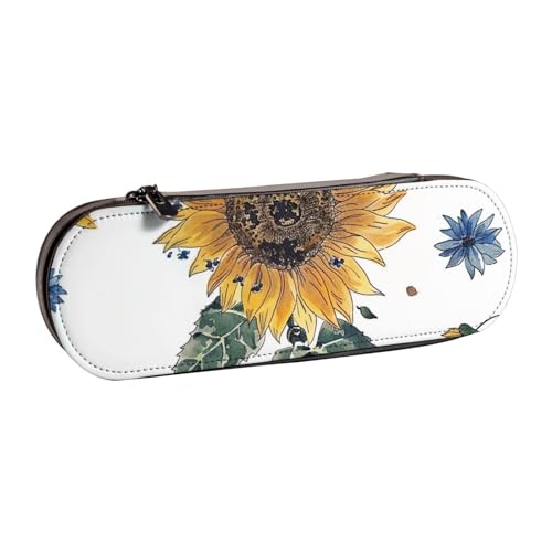 AQRJLPO Federmäppchen aus Leder mit Sonnenblumen-Aufdruck, Mehrzweck-Reise-Kosmetiktasche, Reißverschluss, Schreibtisch-Aufbewahrungsbox, kompaktes Geschenk für Schule, Büro, Reisen, Schwarz von AQRJLPO