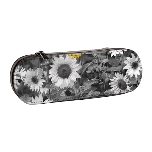 AQRJLPO Federmäppchen aus Leder mit Sonnenblumen-Druck, multifunktional, Reise-Kosmetiktasche, Reißverschluss, Schreibtisch-Aufbewahrungsbox, kompaktes Geschenk für Schule, Büro, Reisen, Schwarz von AQRJLPO