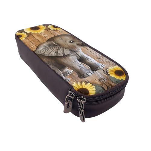 AQRJLPO Federmäppchen aus Leder mit Sonnenblumen-Elefantenmotiv und Kosmetik-Organizer-Tasche mit Reißverschluss, wasserdicht, für Schulbedarf, Reise-Make-up-Tasche, Schreibwaren-Geschenk für von AQRJLPO
