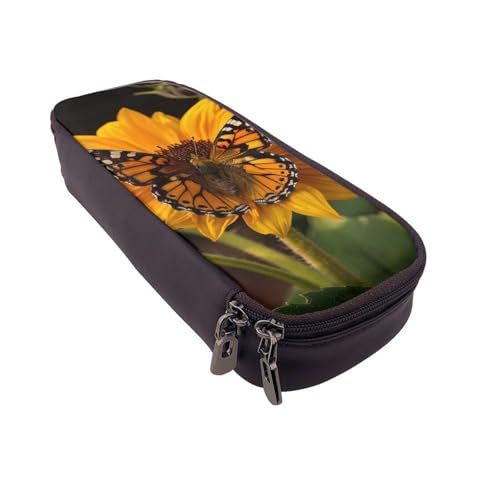 AQRJLPO Federmäppchen aus Leder mit Sonnenblumen-Schmetterlings-Aufdruck, Kosmetik-Organizer-Tasche mit Reißverschluss, wasserdicht, für Schulbedarf, Reise-Make-up-Tasche, Schreibwaren-Geschenk für von AQRJLPO