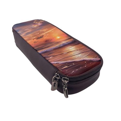 AQRJLPO Federmäppchen aus Leder mit Strand-Sonnenaufgangs-Aufdruck, Kosmetik-Organizer-Tasche mit Reißverschluss, wasserdicht, Schulbedarf, Reise-Make-up-Tasche, Schreibwaren-Geschenk für Studenten von AQRJLPO