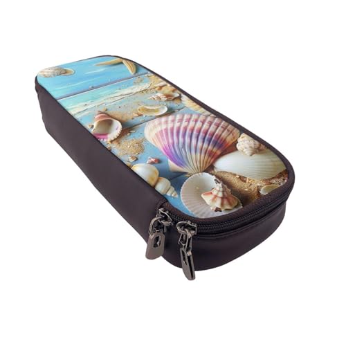 AQRJLPO Federmäppchen aus Leder mit Strandmotiv und Muschel-Aufdruck, Kosmetik-Organizer-Tasche mit Reißverschluss, wasserdicht, Schulbedarf, Reise-Make-up-Tasche, Schreibwaren-Geschenk für Studenten von AQRJLPO