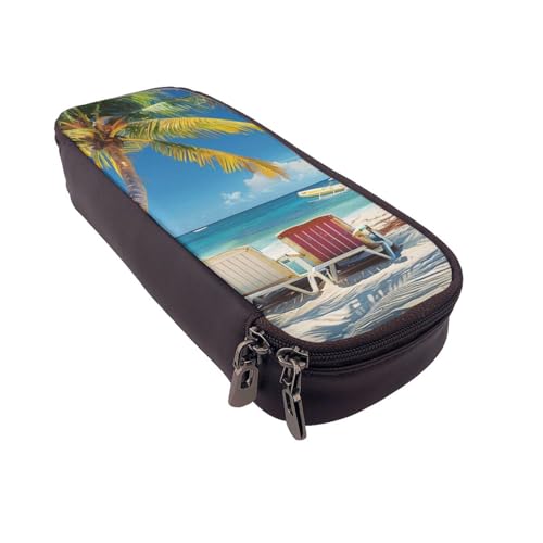 AQRJLPO Federmäppchen aus Leder mit Strandpalmen-Stühlen, Booten, Drucken, Kosmetik-Organizer-Tasche mit Reißverschluss, wasserdicht, Schulbedarf, Reise-Make-up-Tasche, Schreibwaren-Geschenk für von AQRJLPO