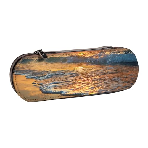AQRJLPO Federmäppchen aus Leder mit Strandwellen-Motiv und Sonnenuntergang-Druck, Mehrzweck-Reise-Kosmetiktasche, Reißverschluss, Schreibtisch-Aufbewahrungsbox, kompaktes Geschenk für Schule, Büro von AQRJLPO