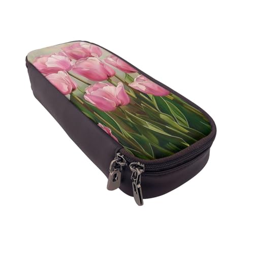 AQRJLPO Federmäppchen aus Leder mit Tulpenaufdruck, Kosmetik-Organizer-Tasche mit Reißverschluss, wasserdicht, für Schulbedarf, Reise-Make-up-Tasche, Schreibwaren-Geschenk für Studenten, Frauen von AQRJLPO
