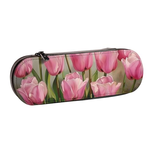 AQRJLPO Federmäppchen aus Leder mit Tulpenmuster, vielseitig verwendbar, Reise-Kosmetiktasche, Reißverschluss, Schreibtisch-Aufbewahrungsbox, kompaktes Geschenk für Schule, Büro, Reisen, Schwarz von AQRJLPO