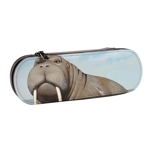 AQRJLPO Federmäppchen aus Leder mit Walross-Aufdruck, Mehrzweck-Reise-Kosmetiktasche, Reißverschluss, Schreibtisch-Aufbewahrungsbox, kompaktes Geschenk für Schule, Büro, Reisen, Schwarz von AQRJLPO