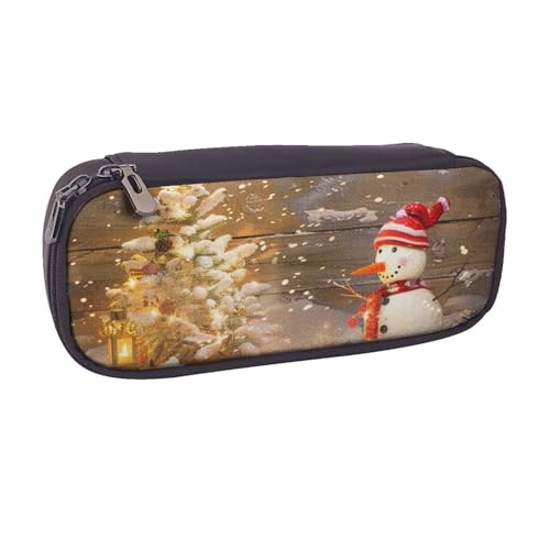 AQRJLPO Federmäppchen aus Leder mit Weihnachts- und Schneemann-Aufdruck, niedliches Stifteetui, Reise-Make-up-Tasche, Schreibwaren-Geschenk für Studenten, Mädchen, Jungen, Frauen, Schwarz von AQRJLPO