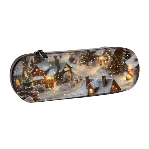 AQRJLPO Federmäppchen aus Leder mit Weihnachtsdorf-Aufdruck, vielseitig verwendbar, Reise-Kosmetiktasche, Reißverschluss, Schreibtisch-Aufbewahrungsbox, kompaktes Geschenk für Schule, Büro, Reisen von AQRJLPO