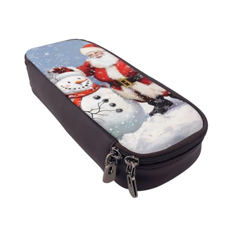 AQRJLPO Federmäppchen aus Leder mit Weihnachtsmann- und Schneemann-Aufdruck, Kosmetik-Organizer-Tasche mit Reißverschluss, wasserdicht, Schulbedarf, Reise-Make-up-Tasche, Schreibwaren-Geschenk für von AQRJLPO