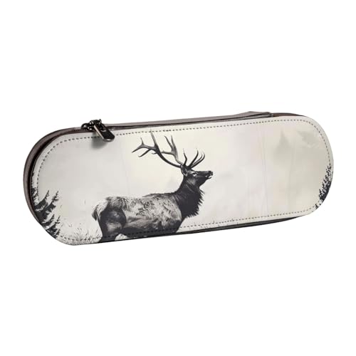 AQRJLPO Federmäppchen aus Leder mit Wildhirsch-Aufdruck, vielseitig verwendbar, Reise-Kosmetiktasche, Reißverschluss, Schreibtisch-Aufbewahrungsbox, kompaktes Geschenk für Schule, Büro, Reisen von AQRJLPO