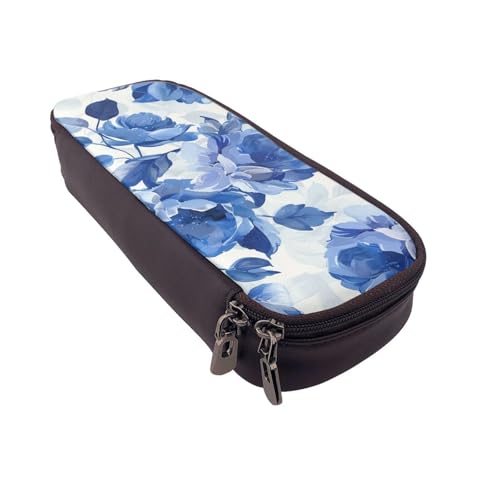 AQRJLPO Federmäppchen aus Leder mit blauem Blumenmuster, Rosenmuster, Kosmetik-Organizer-Tasche mit Reißverschluss, wasserdicht, Schulbedarf, Reise-Make-up-Tasche, Schreibwaren-Geschenk für Studenten von AQRJLPO