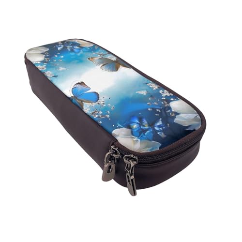 AQRJLPO Federmäppchen aus Leder mit blauen Schmetterlingen und weißen Blumen, Kosmetik-Organizer-Tasche mit Reißverschluss, wasserdicht, Schulbedarf, Reise-Make-up-Tasche, Schreibwaren-Geschenk für von AQRJLPO