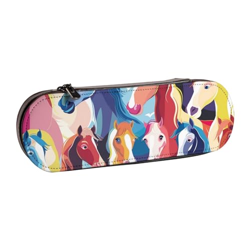 AQRJLPO Federmäppchen aus Leder mit buntem Cartoon-Pferde-Druck, vielseitig verwendbar, Reise-Kosmetiktasche, Reißverschluss, Schreibtisch-Aufbewahrungsbox, kompaktes Geschenk für Schule, Büro, Reisen von AQRJLPO