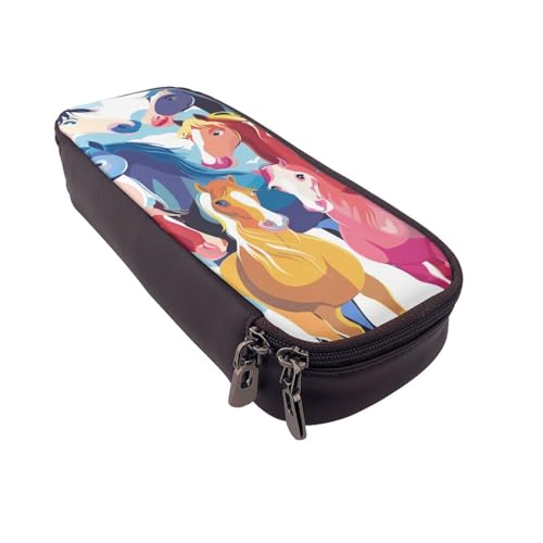 AQRJLPO Federmäppchen aus Leder mit buntem Cartoon-Pferdedruck, Kosmetik-Organizer-Tasche mit Reißverschluss, wasserdicht, für Schulbedarf, Reise-Make-up-Tasche, Schreibwaren-Geschenk für Studenten von AQRJLPO