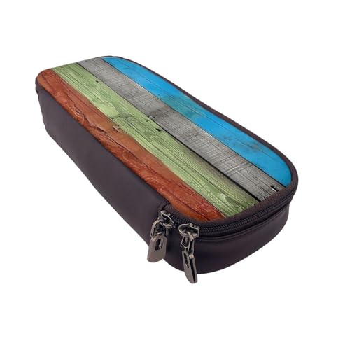 AQRJLPO Federmäppchen aus Leder mit buntem Holztafel-Druck, Kosmetik-Organizer-Tasche mit Reißverschluss, wasserdicht, Schulbedarf, Reise-Make-up-Tasche, Schreibwaren-Geschenk für Studenten, Frauen von AQRJLPO