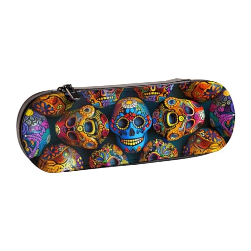 AQRJLPO Federmäppchen aus Leder mit buntem Totenkopf-Aufdruck, vielseitig verwendbar, Reise-Kosmetiktasche, Reißverschluss, Schreibtisch-Aufbewahrungsbox, kompaktes Geschenk für Schule, Büro, Reisen von AQRJLPO