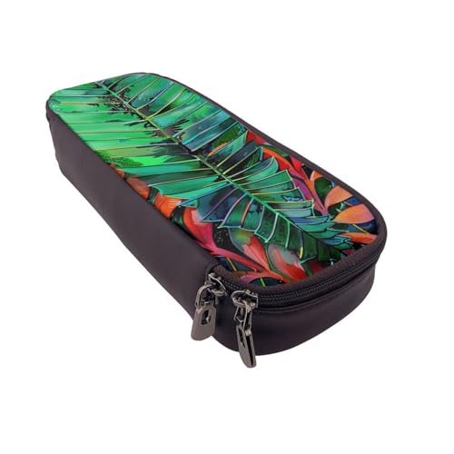 AQRJLPO Federmäppchen aus Leder mit buntem tropischem Blattmuster und Kosmetik-Organizer-Tasche mit Reißverschluss, wasserdicht, Schulbedarf, Reise-Make-up-Tasche, Schreibwaren-Geschenk für Studenten von AQRJLPO