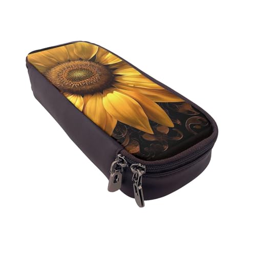 AQRJLPO Federmäppchen aus Leder mit gelbem Sonnenblumen-Blumendruck, Kosmetik-Organizer-Tasche mit Reißverschluss, wasserdicht, Schulbedarf, Reise-Make-up-Tasche, Schreibwaren-Geschenk für Studenten von AQRJLPO