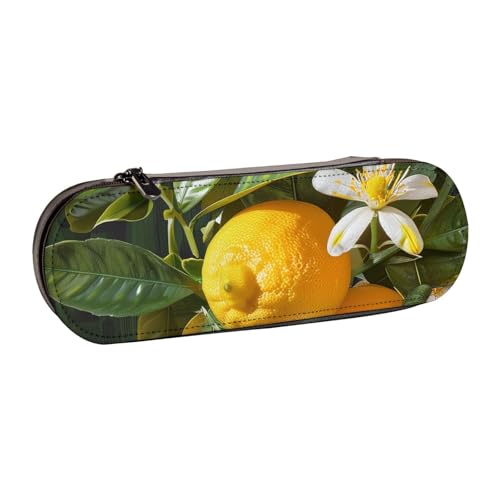AQRJLPO Federmäppchen aus Leder mit gelbem Zitronenblumen-Druck, vielseitig verwendbar, Reise-Kosmetiktasche, Reißverschluss, Schreibtisch-Aufbewahrungsbox, kompaktes Geschenk für Schule, Büro, Reisen von AQRJLPO