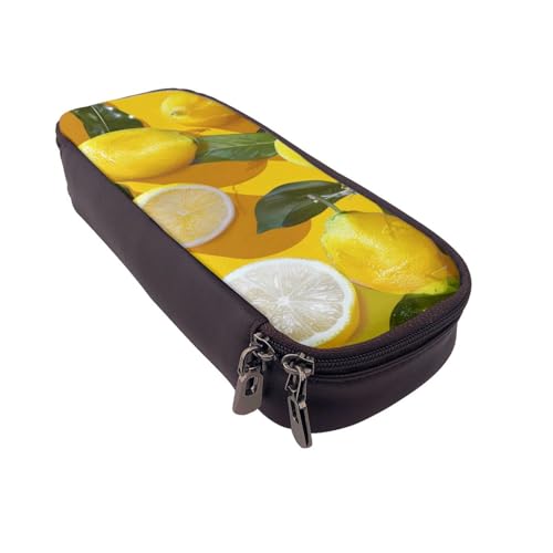 AQRJLPO Federmäppchen aus Leder mit gelbem Zitronenmuster, Kosmetik-Organizer-Tasche mit Reißverschluss, wasserdicht, für Schule, Reisen, Make-up-Tasche, Schreibwaren-Geschenk für Studenten, Frauen von AQRJLPO