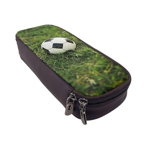 AQRJLPO Federmäppchen aus Leder mit grünem Grasfußballdruck, Kosmetik-Organizer-Tasche mit Reißverschluss, wasserdicht, für Schulbedarf, Reise-Make-up-Tasche, Schreibwaren-Geschenk für Studenten von AQRJLPO