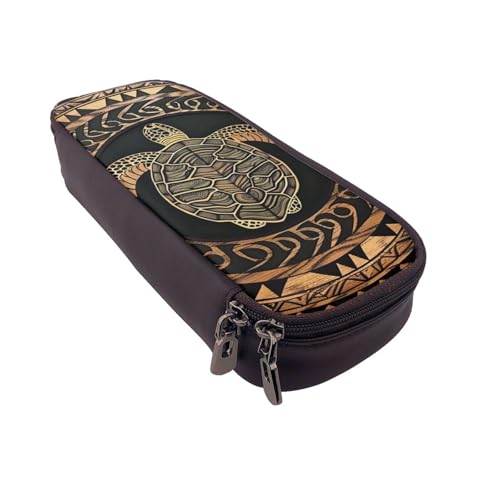 AQRJLPO Federmäppchen aus Leder mit hawaiianischem Tapa-Honu-Schildkrötenmuster und Kosmetik-Organizer-Tasche mit Reißverschluss, wasserdicht, Schulbedarf, Reise-Make-up-Tasche, Schreibwaren-Geschenk von AQRJLPO