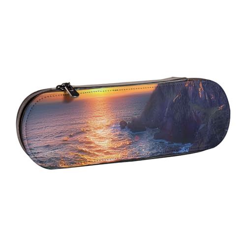 AQRJLPO Federmäppchen aus Leder mit irischem Sonnenuntergang und Meereslandschaft, multifunktional, Reise-Kosmetiktasche, Reißverschluss, Schreibtisch-Aufbewahrungsbox, kompaktes Geschenk für Schule von AQRJLPO