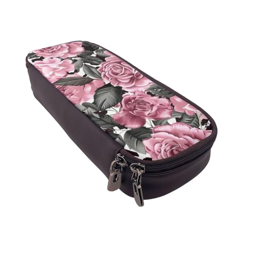 AQRJLPO Federmäppchen aus Leder mit niedlichem Rosen-Mix-Leopardenmuster, Kosmetik-Organizer-Tasche mit Reißverschluss, wasserdicht, Schulbedarf, Reise-Make-up-Tasche, Schreibwaren-Geschenk für von AQRJLPO