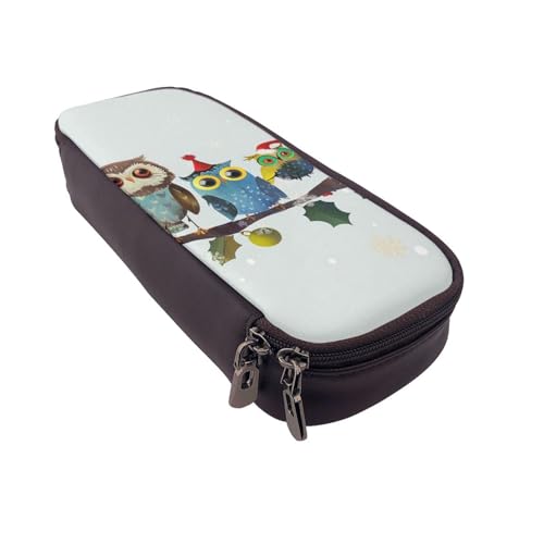 AQRJLPO Federmäppchen aus Leder mit niedlichem Weihnachts-Eulen auf Ast, Kosmetik-Organizer-Tasche mit Reißverschluss, wasserdicht, Schulbedarf, Reise-Make-up-Tasche, Schreibwaren-Geschenk für von AQRJLPO