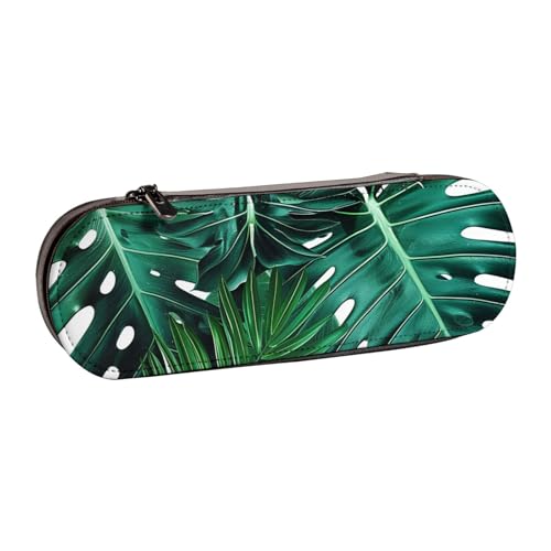 AQRJLPO Federmäppchen aus Leder mit niedlichem grünen Palmenblättern, vielseitig verwendbar, Reise-Kosmetiktasche, Reißverschluss, Schreibtisch-Aufbewahrungsbox, kompaktes Geschenk für Schule, Büro von AQRJLPO