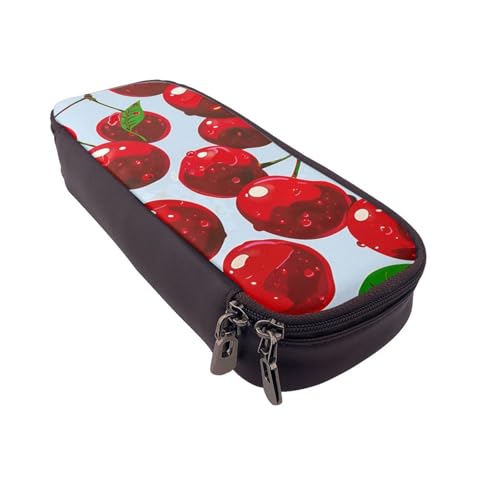 AQRJLPO Federmäppchen aus Leder mit rotem Kirschen-Aufdruck, Kosmetik-Organizer-Tasche mit Reißverschluss, wasserdicht, Schulbedarf, Reise-Make-up-Tasche, Schreibwaren-Geschenk für Studenten, Frauen von AQRJLPO