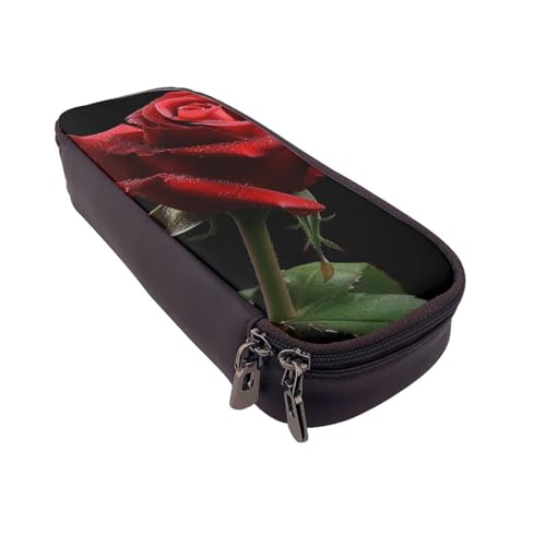 AQRJLPO Federmäppchen aus Leder mit rotem Rosen-schwarzem Hintergrund, Kosmetik-Organizer-Tasche mit Reißverschluss, wasserdicht, Schulbedarf, Reise-Make-up-Tasche, Schreibwaren-Geschenk für Studenten von AQRJLPO