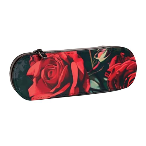 AQRJLPO Federmäppchen aus Leder mit rotem Rosenaufdruck, vielseitig verwendbar, Reise-Kosmetiktasche, Reißverschluss, Schreibtisch-Aufbewahrungsbox, kompaktes Geschenk für Schule, Büro, Reisen von AQRJLPO