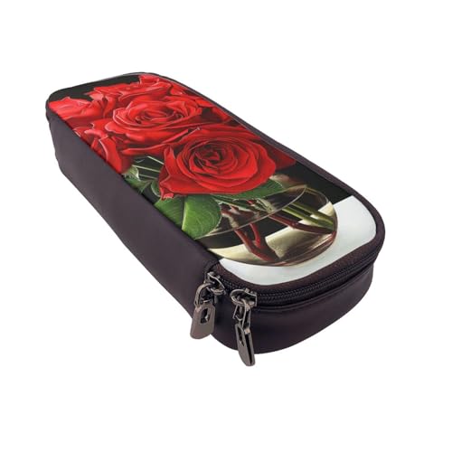 AQRJLPO Federmäppchen aus Leder mit rotem Rosenmuster und Kosmetik-Organizer-Tasche mit Reißverschluss, wasserdicht, Schulbedarf, Reise-Make-up-Tasche, Schreibwaren-Geschenk für Studenten, Frauen von AQRJLPO