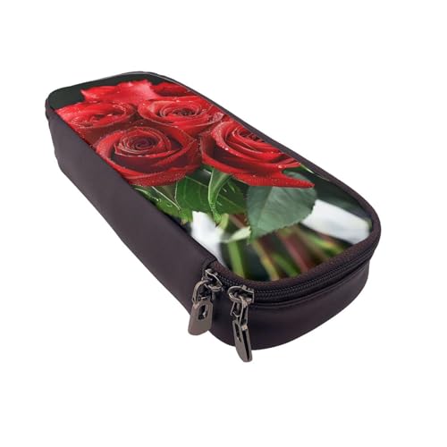 AQRJLPO Federmäppchen aus Leder mit rotem Rosenmuster und Kosmetik-Organizer-Tasche mit Reißverschluss, wasserdicht, für Schulbedarf, Reise-Make-up-Tasche, Schreibwaren-Geschenk für Studenten, Frauen von AQRJLPO