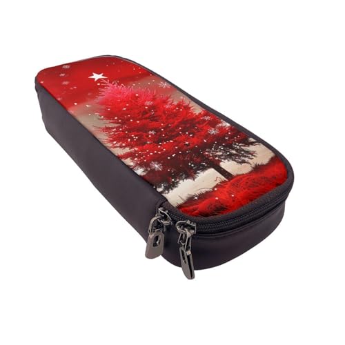 AQRJLPO Federmäppchen aus Leder mit rotem Weihnachtsbaum-Aufdruck, Kosmetik-Organizer-Tasche mit Reißverschluss, wasserdicht, Schulbedarf, Reise-Make-up-Tasche, Schreibwaren-Geschenk für Studenten von AQRJLPO