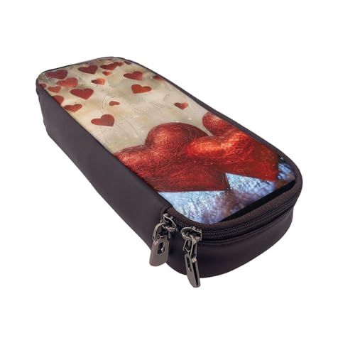 AQRJLPO Federmäppchen aus Leder mit roten Herzen, Kosmetik-Organizer-Tasche mit Reißverschluss, wasserdicht, für Schulbedarf, Reise-Make-up-Tasche, Schreibwaren-Geschenk für Studenten, Frauen, Schwarz von AQRJLPO