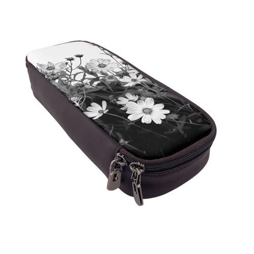 AQRJLPO Federmäppchen aus Leder mit schwarzem und weißem Blumendruck, Kosmetik-Organizer-Tasche mit Reißverschluss, wasserdicht, Schulbedarf, Reise-Make-up-Tasche, Schreibwaren-Geschenk für Studenten von AQRJLPO