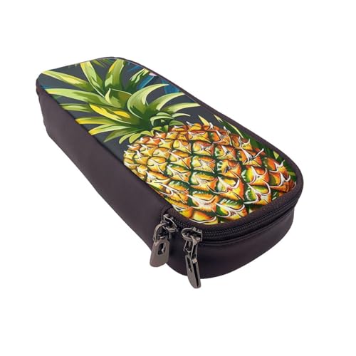 AQRJLPO Federmäppchen aus Leder mit tropischem Ananas-Aufdruck und Kosmetik-Organizer-Tasche mit Reißverschluss, wasserdicht, für Schulbedarf, Reise-Make-up-Tasche, Schreibwaren-Geschenk für Studenten von AQRJLPO